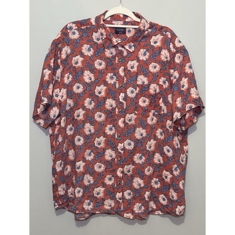 UNTUCKit‎ Shirt Mens 2XL Orange Red Floral 100% Linen Button Up Short Sleeve
